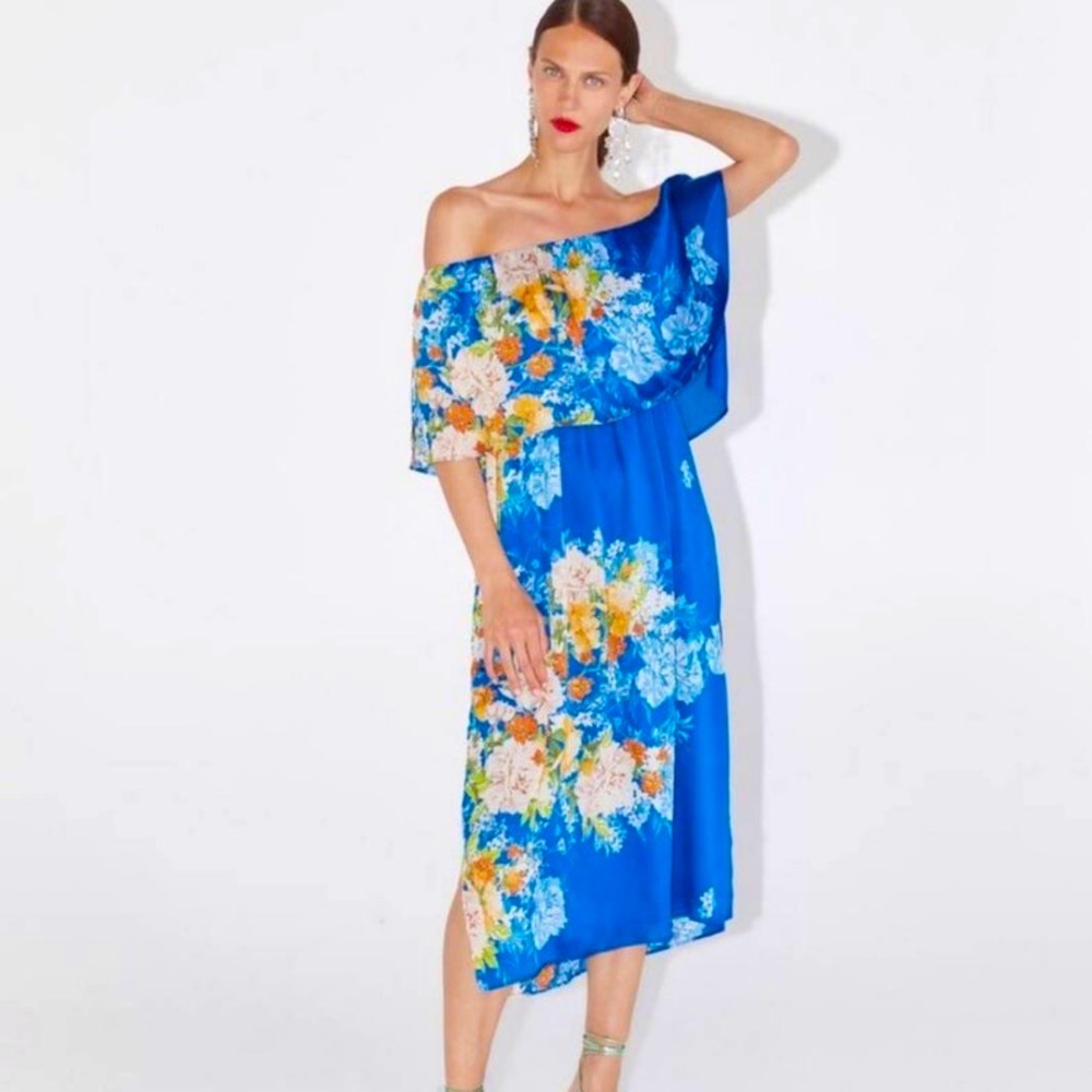 NWT Zara Off the Shoulder Blue Floral Chiffon Overlay Dress